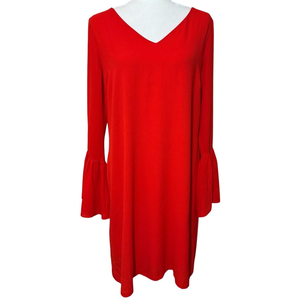 Worthington Dress Womens 12 Coral Red Bell Sleeve Shift V Neck Lined Career